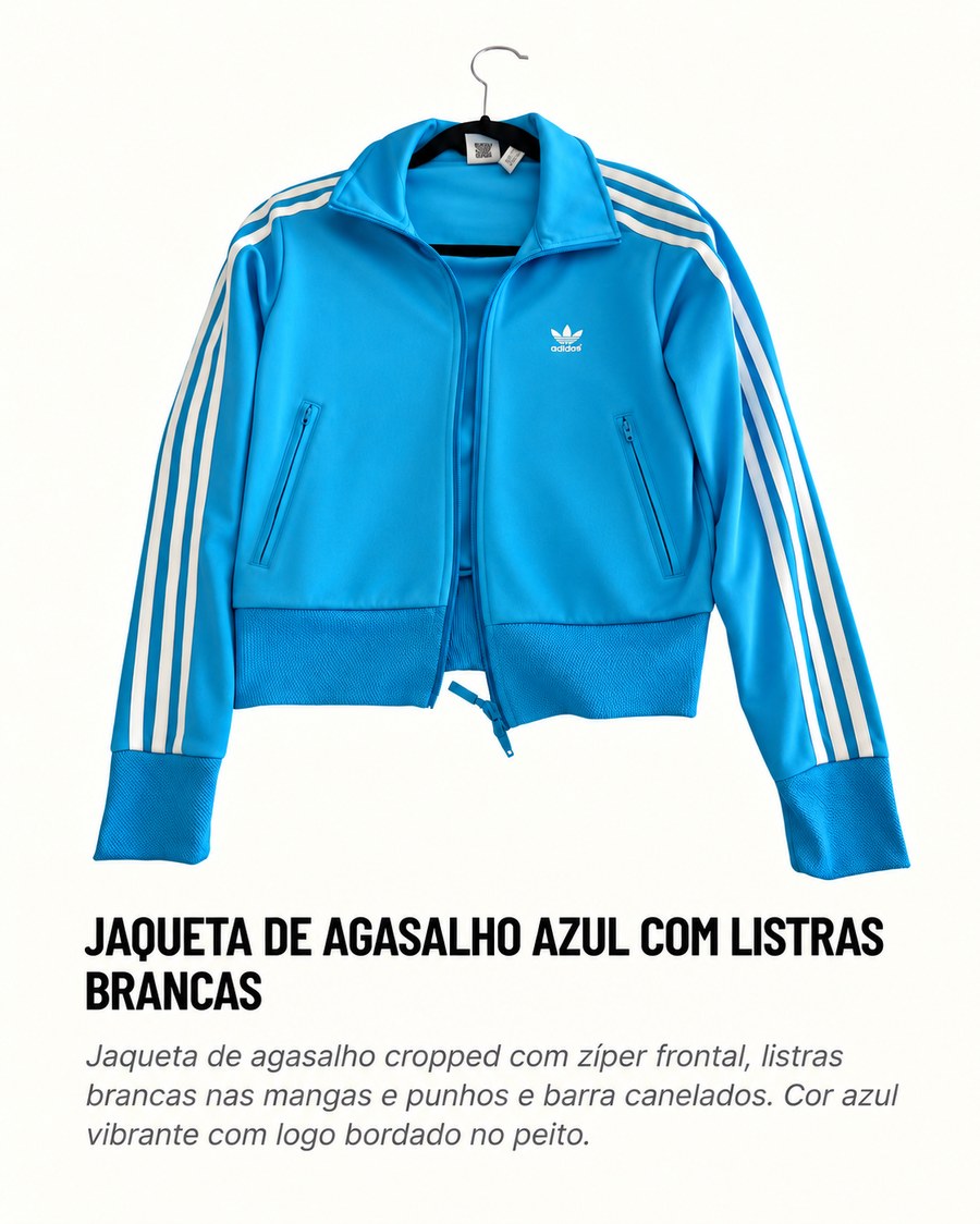 Jaqueta de agasalho azul com listras brancas, pendurada no cabide