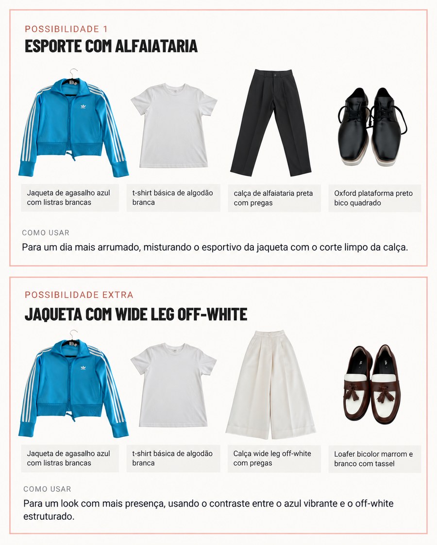 Duas possibilidades de look recebidas para a jaqueta azul