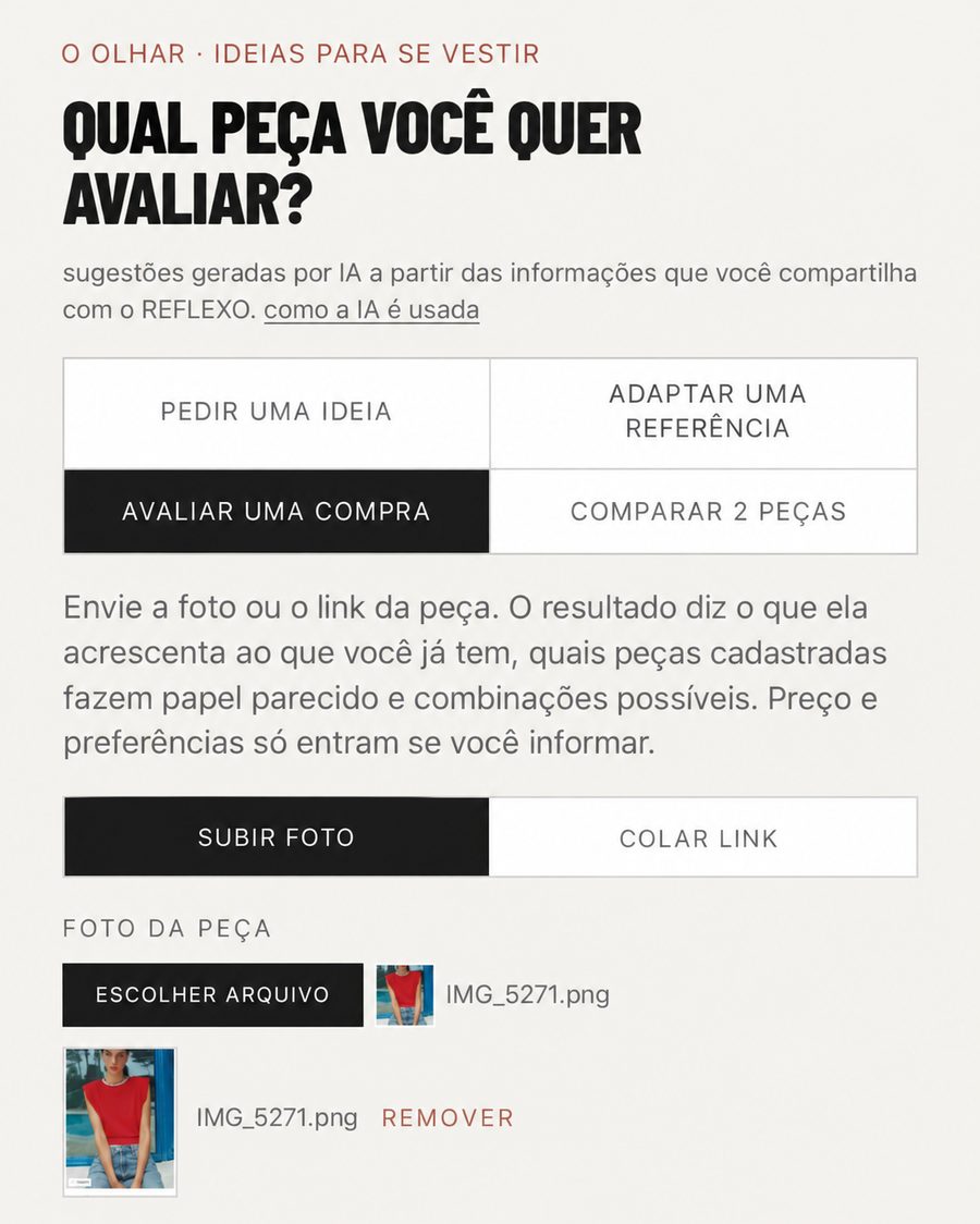 Tela do Olhar no REFLEXO com a opção avaliar uma compra selecionada e a foto da peça enviada